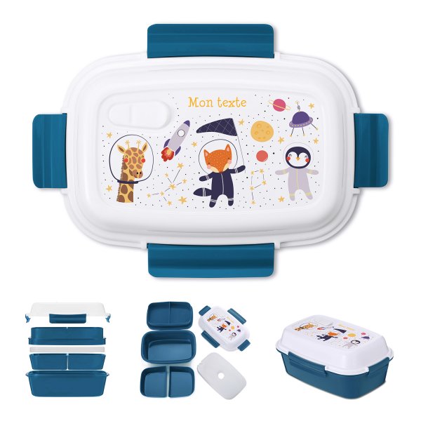 Lunch box - bento - customized lunchbox for kids animal  astronauts color blue petrol pattern