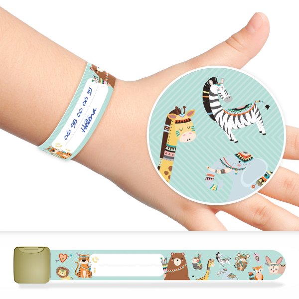 Identification and safety bracelet for kids with Indian animals pattern