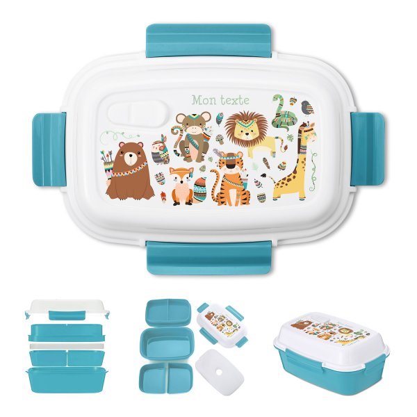 Lunch box - bento - for kids's customizable lunch box Indian animal pattern blue color