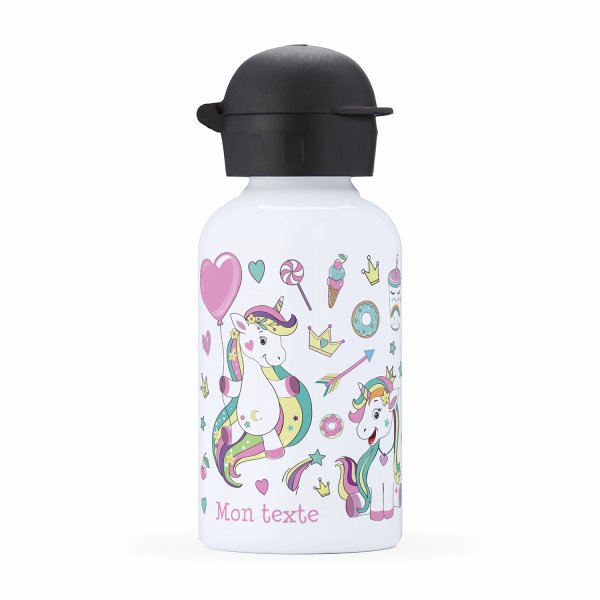 Isothermal Water Bottle Customizable  for kids  front view of unicorns and accessories pattern