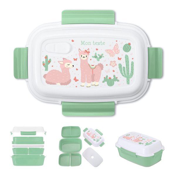 Lunch box - bento - customized lunchbox for kids green llamas pattern