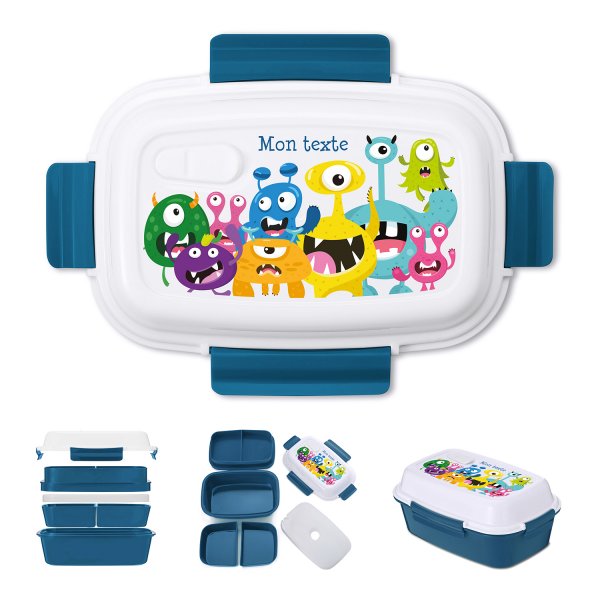 Lunch box - bento - customizable lunchbox for kids small petrol blue color monsters pattern