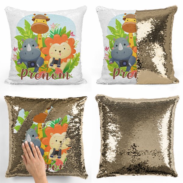 cushion pillow mermaid to sequin magic child reversible and customizable with golden jungle animal pattern