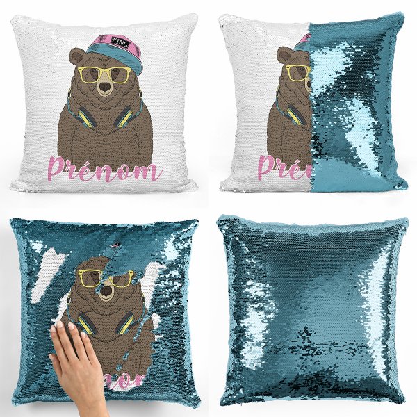 cushion pillow mermaid to sequin magic child reversible and customizable with light music blue bear pattern