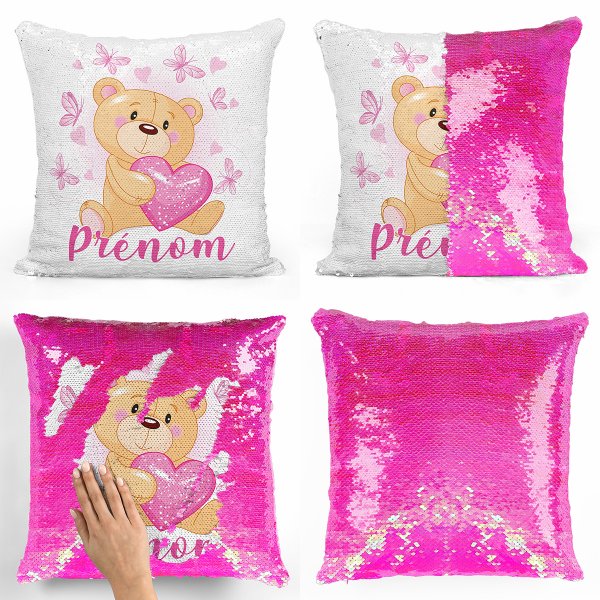 cushion pillow mermaid to sequin magic child reversible and customizable with teddy bear pattern hearts butterflies pink pearly