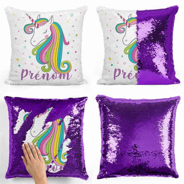 cushion pillow mermaid to sequin magic child reversible and customizable with purple unicorn star pattern
