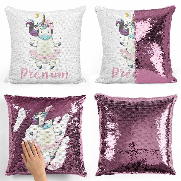 cushion pillow mermaid to sequin magic child reversible and customizable with unicorn dancer pattern in light pink color