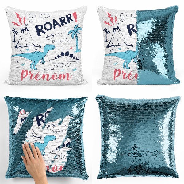 cushion pillow mermaid to sequin magic child reversible and customizable with dinosaur pattern in light blue color