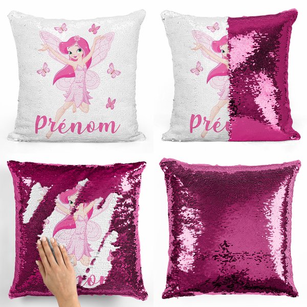 cushion pillow mermaid to sequin magic child reversible and customizable with fairy pattern butterflies fushia color