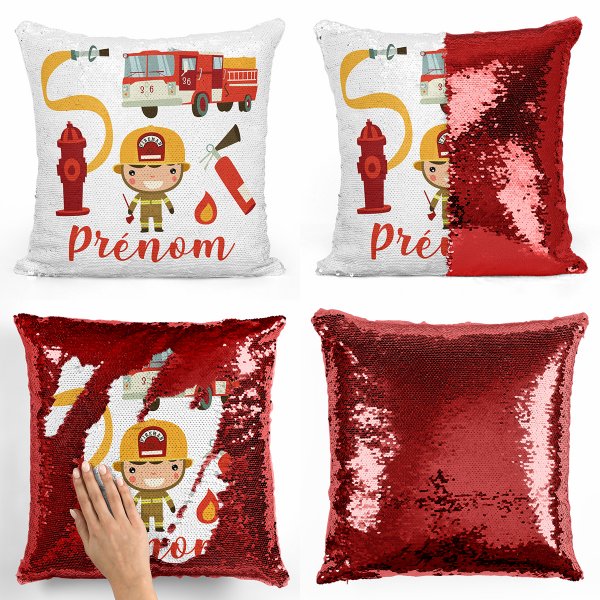 cushion pillow mermaid to sequin magic child reversible and customizable with red firefighters pattern