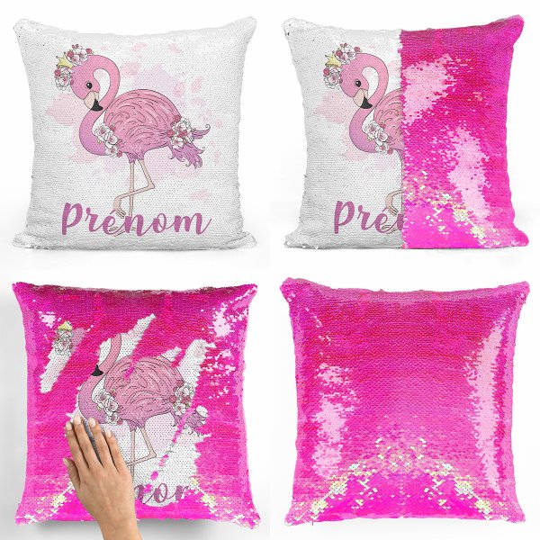 cushion pillow mermaid to sequin magic child reversible and customizable with pink flamingo pattern pink pearly