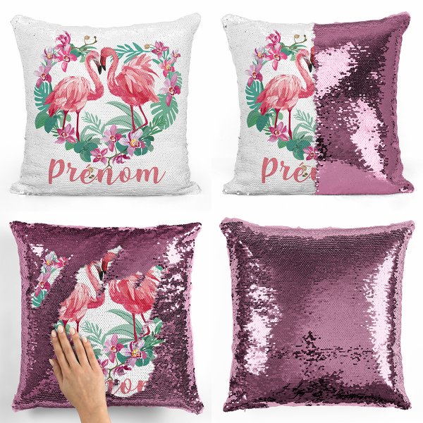 cushion pillow mermaid to sequin magic child reversible and customizable with pink flamingos heart pattern in light pink color