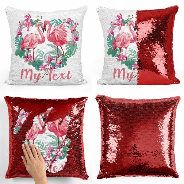 Magic Sequin Pillow / Cushion - Flamingos heart