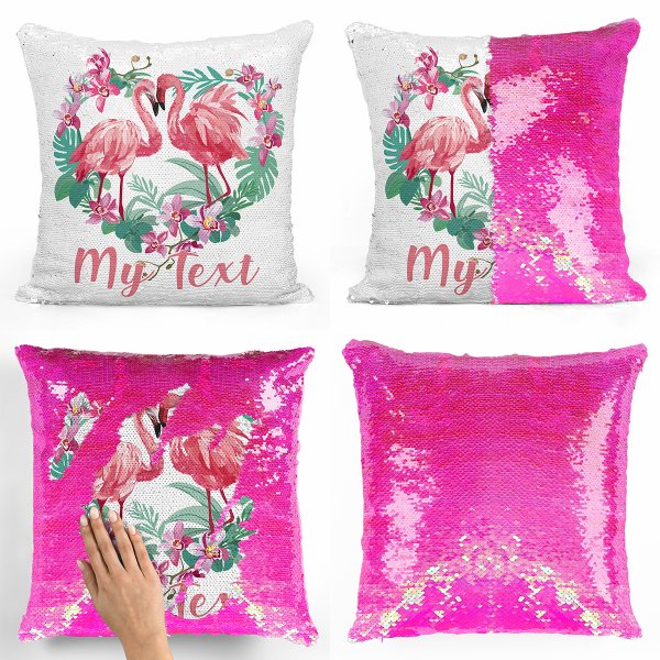 Magic Sequin Pillow / Cushion - Flamingos heart