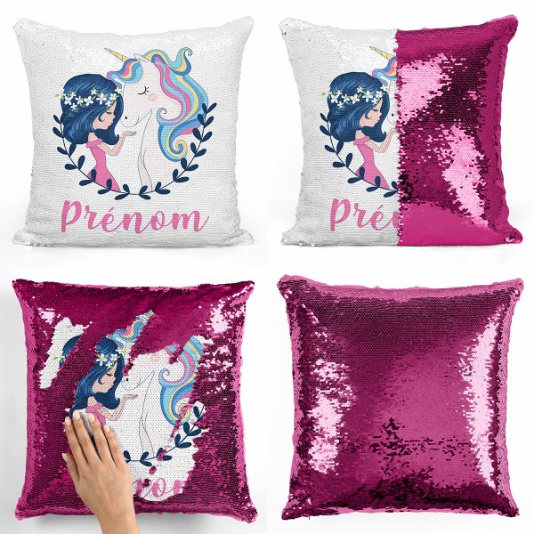 cushion pillow mermaid to sequin magic child reversible and customizable with fuchsia girl and unicorn pattern