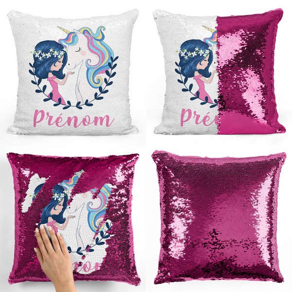 cushion pillow mermaid to sequin magic child reversible and customizable with fuchsia girl and unicorn pattern