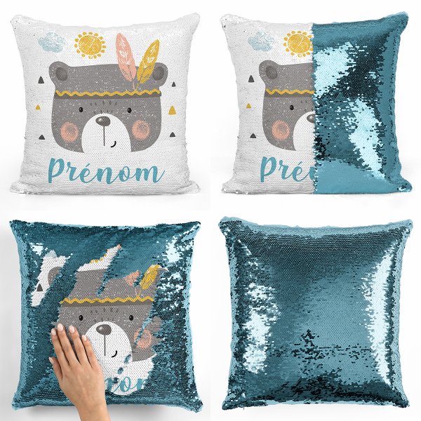 cushion pillow mermaid to sequin magic child reversible and customizable with Indian teddy bear pattern in light blue color