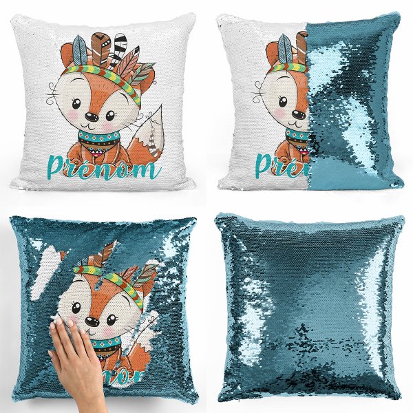 cushion pillow mermaid to sequin magic child reversible and customizable with Indian fox pattern light blue