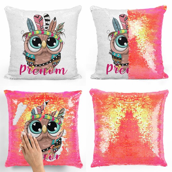 cushion pillow mermaid to sequin magic child reversible and customizable with Indian Owl pattern in pearly orange color