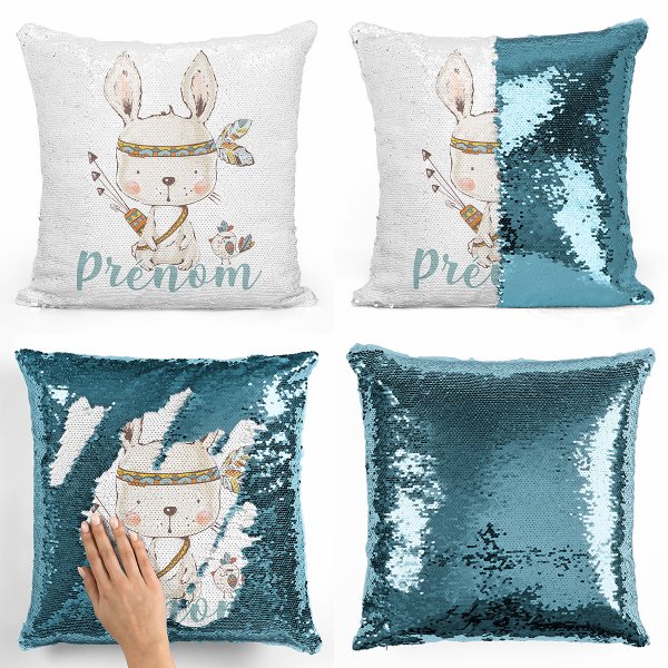 cushion pillow mermaid to sequin magic child reversible and customizable with Indian rabbit pattern of light blue color