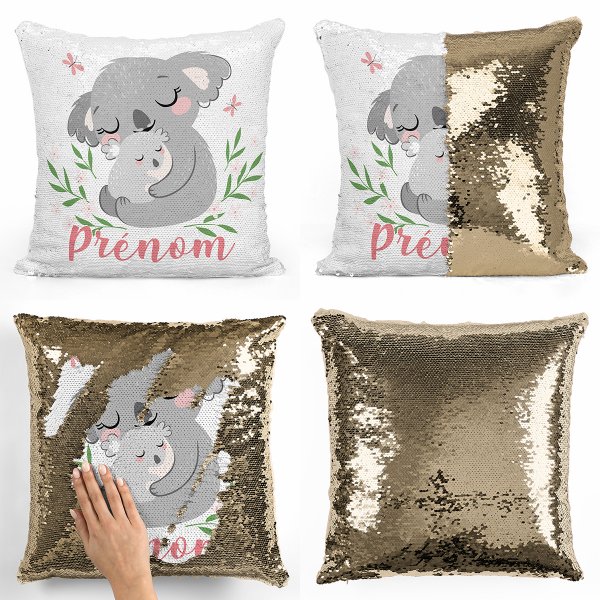 cushion pillow mermaid to sequin magic child reversible and customizable with gold color koalas pattern