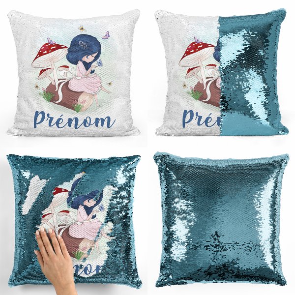 cushion pillow mermaid to sequin magic child reversible and customizable with little girl pattern in light blue forest