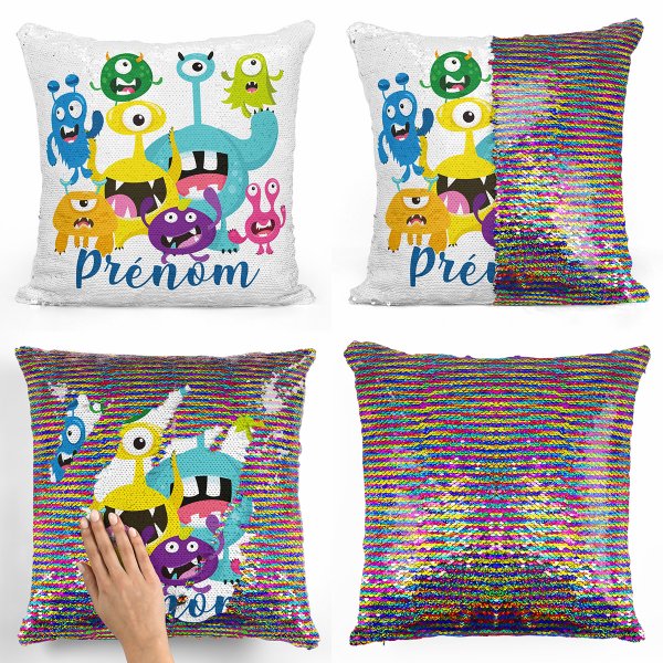cushion pillow mermaid to sequin magic child reversible and customizable with small monsters pattern multicolored