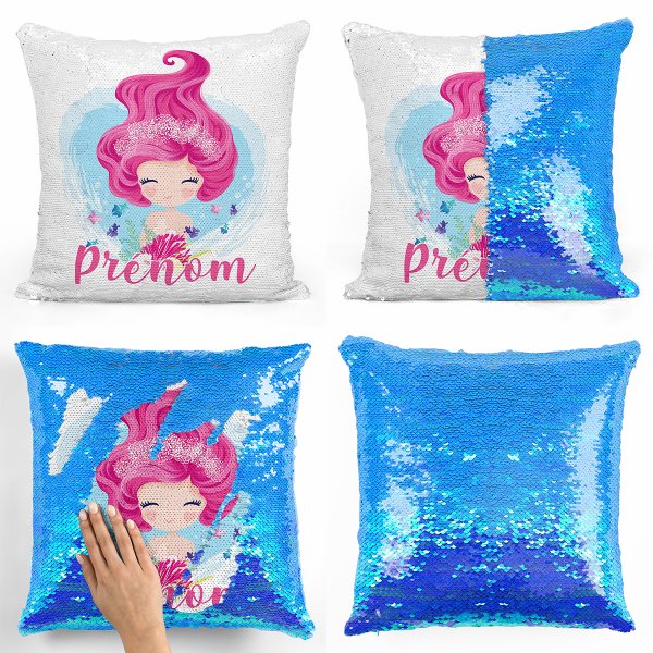 cushion pillow mermaid to sequin magic child reversible and customizable with mermaid pattern in pearly blue color