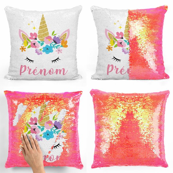 cushion pillow mermaid to sequin magic child reversible and customizable with unicorn pattern in pearly orange color