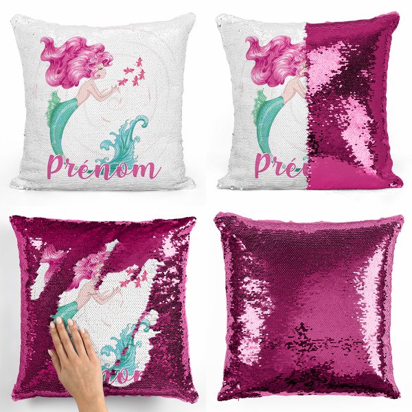 cushion pillow mermaid to sequin magic child reversible and customizable with fuchsia mermaid pattern