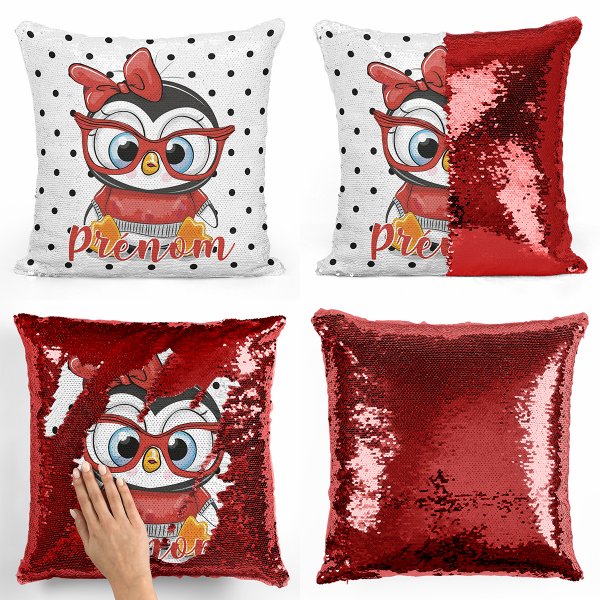 cushion pillow mermaid to sequin magic child reversible and customizable with penguin pattern with red colored glasses