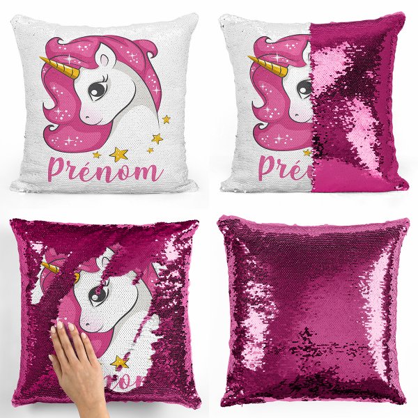 cushion pillow mermaid to sequin magic child reversible and customizable with unicorn pattern fuchsia colored stars