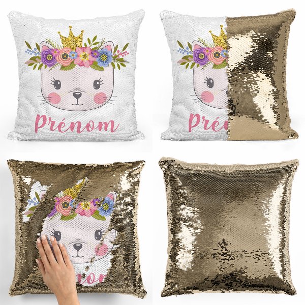 cushion pillow mermaid to sequin magic child reversible and customizable with golden princess kitten in gilded gold