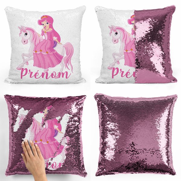 cushion pillow mermaid to sequin magic child reversible and customizable with princess pattern on a light pink horse