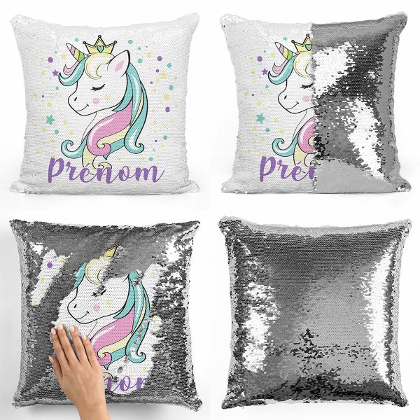 cushion pillow mermaid to sequin magic child reversible and customizable with unicorn princess pattern in silver color