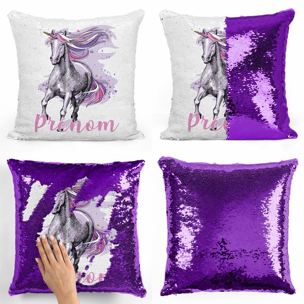 cushion pillow mermaid to sequin magic child reversible and customizable with purple unicorn pattern purple color
