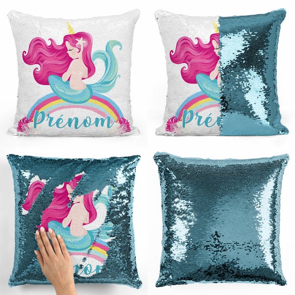 cushion pillow mermaid to sequin magic child reversible and customizable with rainbow mermaid pattern in light blue color