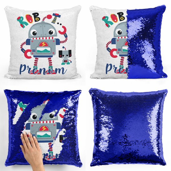 cushion pillow mermaid to sequin magic child reversible and customizable with dark blue robot pattern