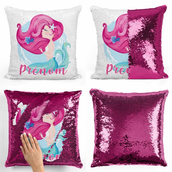 cushion pillow mermaid to sequin magic child reversible and customizable with fuchsia mermaid pattern