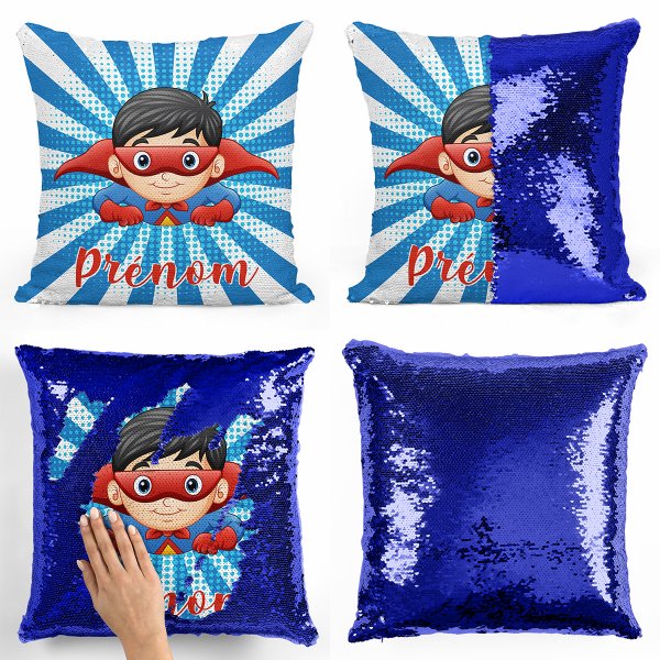 cushion pillow mermaid to sequin magic child reversible and customizable with dark blue superhero pattern