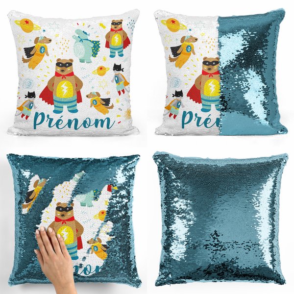 cushion pillow mermaid to sequin magic child reversible and customizable with superhero animal pattern of light blue color