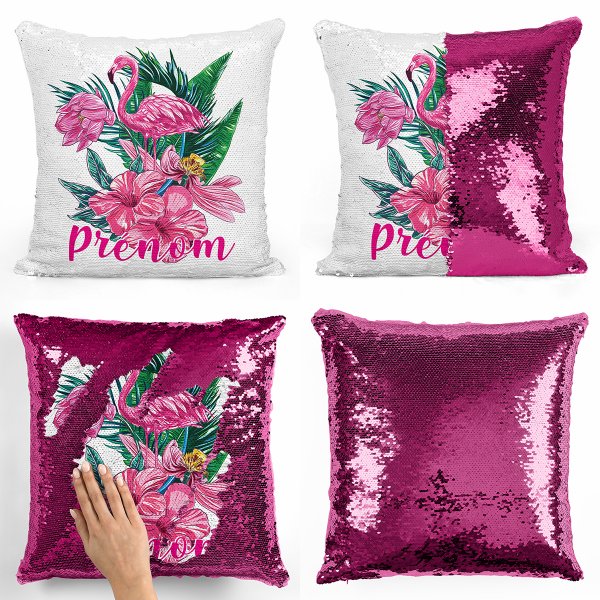 cushion pillow mermaid to sequin magic child reversible and customizable with flamingo pattern tropical pink fuchsia