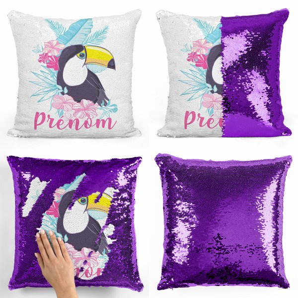 cushion pillow mermaid to sequin magic child reversible and customizable with tropical toucan pattern of purple color