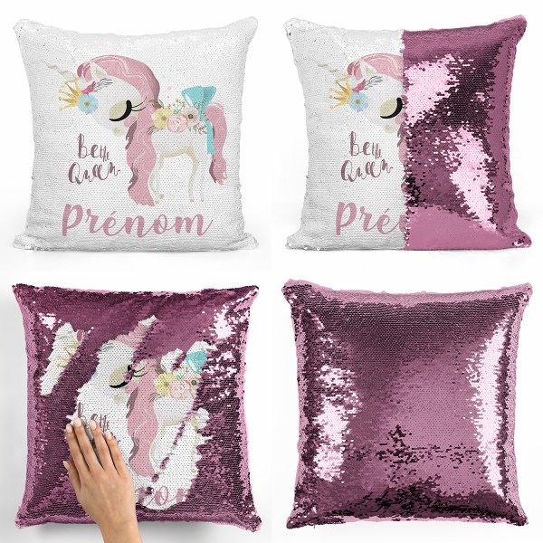cushion pillow mermaid to sequin magic child reversible and customizable with unicorn pattern be the queen of light pink color