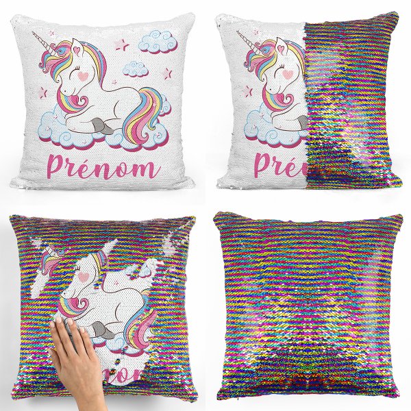 cushion pillow mermaid to sequin magic child reversible and customizable with unicorn pattern colored clouds multicolor