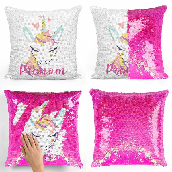 cushion pillow mermaid to sequin magic child reversible and customizable with unicorn heart pattern pink pearly
