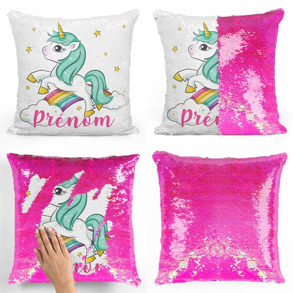 cushion pillow mermaid to sequin magic child reversible and customizable with unicorn pattern rainbow clouds pink color pearly