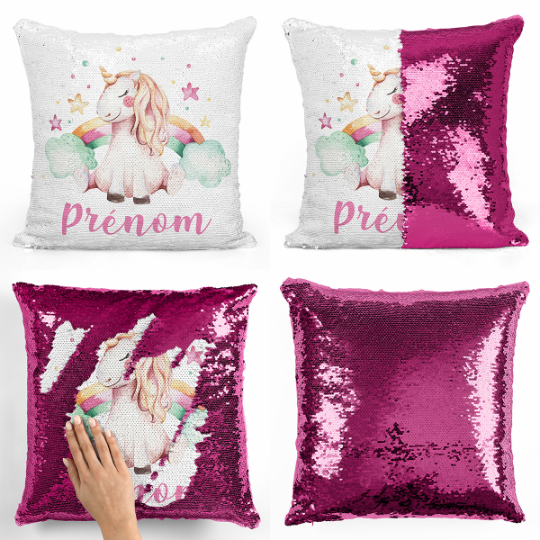 cushion pillow mermaid to sequin magic child reversible and customizable with unicorn star rainbow pattern silver color