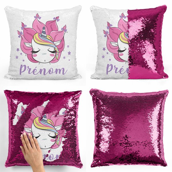 cushion pillow mermaid to sequin magic child reversible and customizable with unicorn pattern of fuchsia color