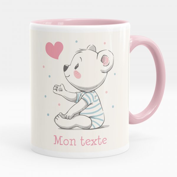 Customizable mug for kids with pink heart teddy pattern
